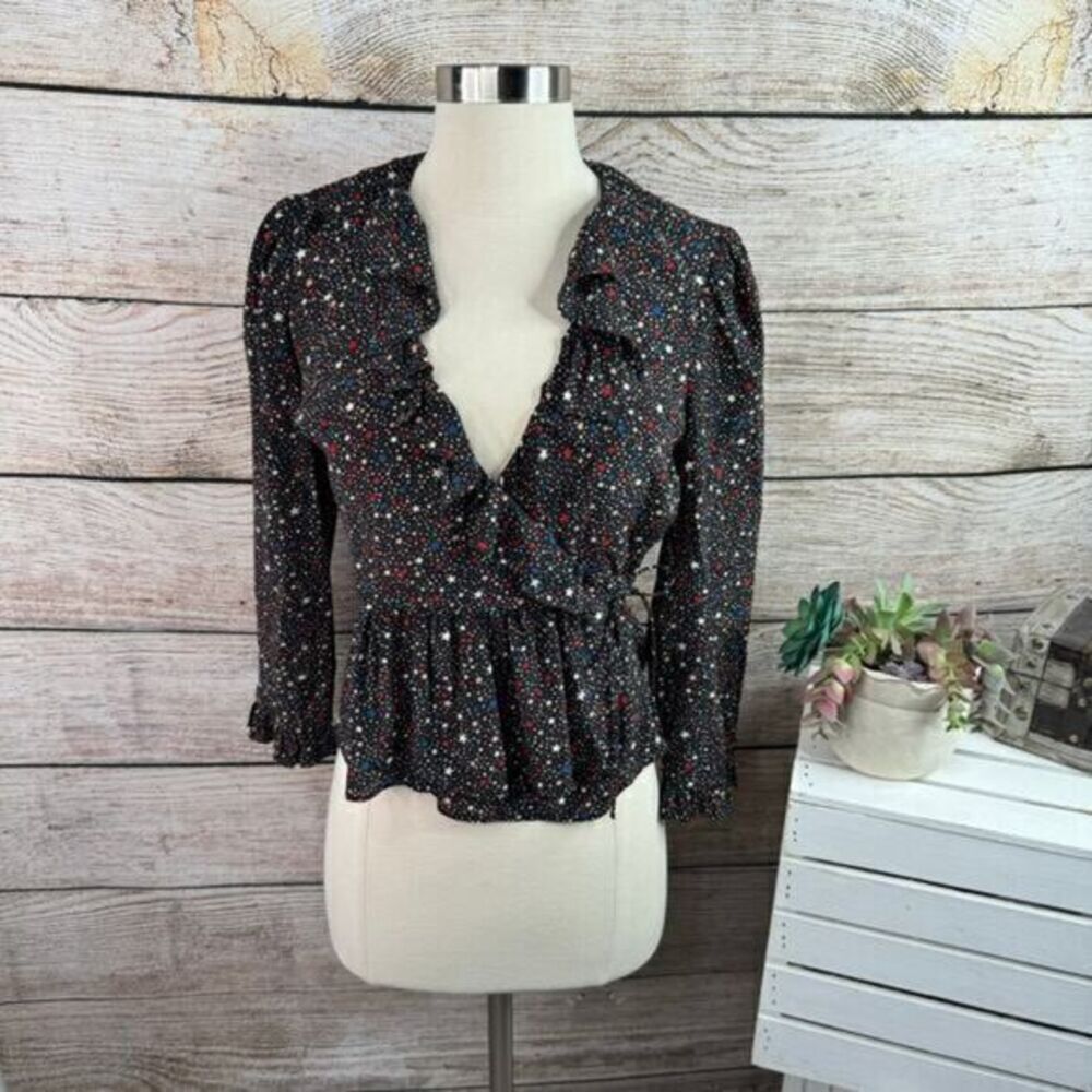 Madewell Starry Night Peplum Wrap‎ Top Women Size XXS Silk Ruffle Hem Multicolor